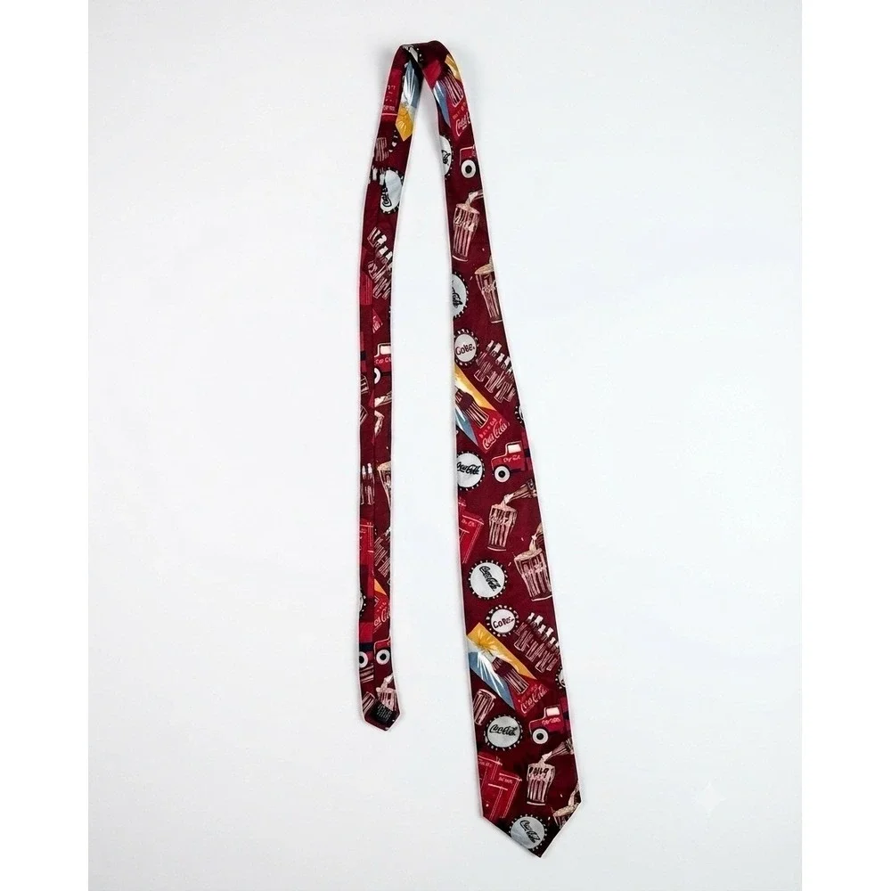 Vintage Coca-Cola Mens Necktie Burgundy Red Soda Bottle Logo Novelty Silk Like